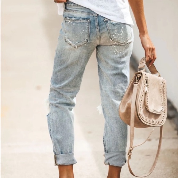 Brand New Distressed Denim Jeans Paint Splatter Relaxed Fit Boyfriend - Picture 8 of 10